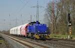 Dieselpower in Ratingen-Lintorf: Recht häufig sind hier die G1206 von Vossloh anzutreffen, am 05.04.2023 ist die Railflex 2 (92 80 1275 003-7 D-RF) mit einem kurzen Kalkwagenzug zu den Kalkwerken