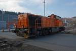 Lok 46 (MaK G 1700 BB) der  Kreisbahn Siegen-Wittgenstein (KSW) am 21.02.2011 in Siegen-Eintracht, am Bahnbergang zum Lokschuppen.