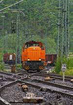 Die Lok 46 (Vossloh G 1700-2 BB) der Kreisbahn Siegen-Wittgenstein (KSW) am 11.05.2012 beim rangieren im Bahnhof Betzdorf/Sieg.