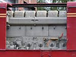 Der beeindruckende 6-Zylinder-Motor MS301B SNr.13142 aus dem Jahr 1955, so wie er Anfang Juni 2019 in der Diesellokomotive V 65 001 zu sehen war.