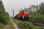 DB 294 662-2 zieht an einem regnerischen Sommertag einen frisch beladenen Holzzug aus dem Bahnhof Parkstein-Hütten in Richtung Weiden(Oberpfalz).