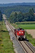294 712-5 kommt mit Schrott die lange Gerade zwischen Westerheim und Sontheim dahergefahren.Bild vom 8.8.2014