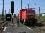 Am 23.April 2011 stand in Neubrandenburg 298 320 auf einem Abstellgleis am Bahnsteigende an der Westausfahrt.