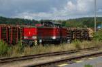 Die 345 244-8 der Kreisbahn Mansfelder Land GmbH beim abholen eines Holzzuges in Walldorf/Werra am 12.08.13.