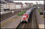 Das wäre ein interessanter Plan Zug gewesen. Aber es war nur eine Rangierfahrt, bei der 360599 am 21.4.1992 um 14.09 Uhr mit fünf Silberlingen in den unteren Teil des HBF Osnabrück einfuhr.