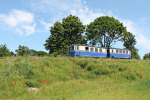 Am SA 31.05.2014 wurden bis auf den ersten und letzten Zug alle Kurse mit Beiwagen gefahren, hier der T1 mit Beiwagen aus Richtung Eystrup kommend auf dem Damm zur Weserbrücke bei Hoya.