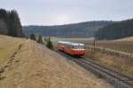 VT 8 der MAN Triebwagen von der SAB und Steuerwagen VS 14 kommen von ihrer Fahrt nach Schelklingen wieder zurück nach Münsingen.Bild Aufgenommen kurz vor Münsingen am 2.3.2014