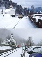 Der Bahnhof Oberstaufen am 12.02.1983 und am 25.02.2023: Oben fährt ein Vorserien-628.0 aus Immenstadt auf Gleis 1 ein, darunter nähert sich ein 612 aus derselben Richtung auf Gleis 2. Sieht man einmal davon ab, dass die Bahnanlagen jetzt als Parkplatz genutzt werden, hat sich nicht viel geändert, noch immer beherrscht die Friedhofskapelle das Bild. Bei dieser Aufnahme stimmt die Perspektive nicht ganz, aber dazu hätte ich über den Zaun fast ins Gleisbett steigen müssen und darauf habe ich verzichtet, denn heute wird von seiten der Bahn empfindlicher als früher auf solche  Übertretungen  reagiert.