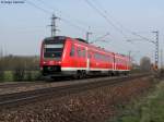 25.03.2011: 612 643 (hinterer Teil 612 143) nimmt als RE 3853 (Mainz-Karlsruhe) die letzte Etappe von Graben-Neudorf nach Karlsruhe in Angriff.