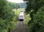 626 410, 626 220, VT 8 und VS 14 der SAB zu sehen am 08.08.14 bei der Einfahrt in Münsingen.