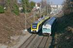 Whrend 622 461 an der Betriebstankstelle in Friedrichshafen betankt wird, fhrt 628 436  Anna  am 10.03.2021 als RB 31 / RB 17778, von Friedrichshafen nach berlingen Therme.