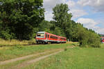 DB 628 445 verlässt Lauterecken-Grumbach zur Fahrt über die Lautertalbahn nach Kaiserslautern Hbf. (17.07.2023)