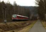 628 467 und 628 475 sind als RB 67 Kaiserslautern - Kusel am 08.03.2012 zwischen  Landstuhl und Ramstein Miesenbach