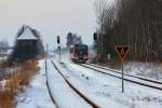 Auf der Fahrt von Lbeck und Stettin kommend, kreuzen die Triebwagen 628 659 und 628 657 auf dem Bahnhof Blumenhagen.