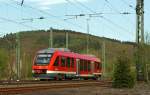 640 001 (LINT 27) der 3-Lnder-Bahn als RB 95 (Siegen - Au/Sieg), fhrt am 28.04.2012 von Betzdorf/Sieg, weiter in Richtung Au/Sieg.