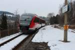 642 700 der Erzgebirgsbahn mit RB 23869 bei der Einfahrt in Schwarzenberg (Erzgebirge) Hp.