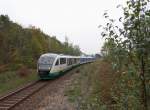 VT 03B der Vogtlandbahn Überführte am 06.10.14 zwei Triebwagen der České dráhy Ab Vojtanov nach Neumark/Sachs.