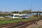 Der ausgemusterte EB VT 201 (95 80 0615 201-0 D-EIB) und EB 648 212 der zuknftig fr die Erfurter Bahn im Einsatz sein wird,  am 16.09.2023 beim Tag der offenen Tr bei der Erfurter Bahn in Erfurt Ost.