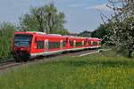 Zwischen Kluftern und Fischbach fahren 650 114, 650 317 und ein unerkannt gebliebener Triebwagen am 01.05.2022 als RB 31 / 17783 von Radolfzell nach Friedrichshafen Stadt