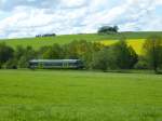 Ein VT 650 von Agilis war hier am 20.05.2013 auf der KBS 850 Lichtenfels-Hof bei Förbau unterwegs.