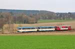 10.03.2024, der letzte Fahrtag des Fördervereines Wisentatalbahn auf ihrer Stammstrecke Schönberg - Schleiz West vor der Stilllegung der Strecke. Die DRE hatt die Strecke ausgeschrieben und das Stilllegungsverfahren eingeleitet und die Landeseisenbahnaufsicht hatte zugestimmt.
Die Züge waren am 09. und 10.03.2024 bis auf den letzten Platz gefüllt, hier brummt die Schienebusgarnitur mit zwei Motorwagen und einem Steuerwagen kurz hinter Mühltroff (Sachsen) der thürinigischen Grenze entegegen.
Am Abend wurden die Fahrzeuge nach Gera überführt.