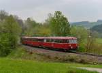 798 776 + 998 840 + 798 706 bei einer Sonderfahrt auf der Ilztalbahn nach Freyung am 01.05.2014 bei Höhenberg.