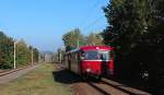 Nachschuß auf ein Uerdinger Schienenbus der am 04.10.2014 durch Zwickau-Pölbitz fährt, seine Reise geht laut Zugzielanzeiger nach Schwarzenberg (Erzg).