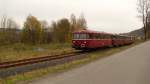 Sonderfahrt nach Neuhausen ,erzgeb.Einfahrt in den Bahnhof Olbernhau Uerdinger schienenbus anlässlich einer Deutschlandrundfahrt im Erzgebirge am 5.11.2014.