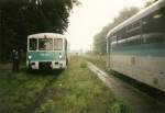 Auch in Polen wchst das Gras zwischen den Bahnsteig in die Hhe.Am 11.September 2001 kreuzen sich im polnischen Krzewina Zgorzelecka die Ferkeltaxe 772 413 die von Grlitz kam und weiterfuhr nach