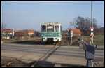 Als die KBS 332 Frose - Quedlinburg noch in Betrieb war: Am 9.2.1997 kommt hier um 14.10 Uhr der VT 772136 auf der Fahrt nach Quedlinburg in Gernrode an.