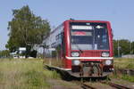 VT 504 006 der HANSeatischen Eisenbahn im Putlitzer Bahnhof in Pritzwalk am 7.6.19. Die NVR-Nr des Wagens lautet merkwürdigerweise 95 80 0 504 007-5.