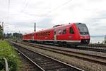 Ausfahrt am 12.08.2016 von 612 584  Markt Heimenkirch  als RE (Lindau Hbf - Oberstaufen) aus dem Startbahnhof, als dieser über den Bahndamm in Lindau gen Allgäu fuhr.