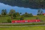 Ein Triebwagen der BR 612 als RE aus Lindau nach Augsburg am großen Alpsee, kurz vor Immenstadt. 21.5.18