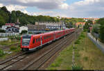 Mit dem Fahrrad von Kassel nach Halle (Saale) | Tag 2 Witzenhausen–Gernrode-Niederorschel
Strecken-km: 155,1

Neigezug-Trio, angeführt von 612 102-3 und am Ende 612 659-2 (Bombardier RegioSwinger), erreicht seinen letzten Unterwegsbahnhof Heilbad Heiligenstadt auf Gleis 1.

🧰 DB Regio Südost
🚝 RE 3658 (RE1) Erfurt Hbf–Göttingen [+5]
🕓 16.8.2022 | 13:36 Uhr