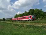 Die Br.628 344-4 auf der Brenzbahn, in Hhe AA-Unterkochen. Dieser Zug fuhr von Ulm Hbf nach Ellwangen. Aufgenommen am 26.05.07