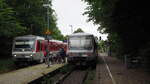 Wegen der Kieler Woche fahren zwischen Husum und St. Peter Ording 628 im Sylt Shuttle Plus - Design und ersetzen die regulären 648er. 
Hier treffen sich die Züge auf dem einzigen 2-gleisigen Abschnitt, im Bahnhof Tönning. 
Zu sehen sind rechts 628 521  Archsum  Richtung Bad St. Peter-Ording und rechts 628 532  Munkmarsch  Richtung Husum.

Tönning, der 22.06.2022