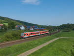 Auf dem Weg nach Hause kam 628 627 am 13.05.2023 durch Hermannspiegel in der Vorderrhön. Mit brandneuer HU ging es vom Werk Kassel wieder zurück nach Oberbayern.