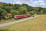 DB 628 445 verlässt Olsbrücken zur Fahrt nach Lauterecken-Grumbach. (17.07.2023)