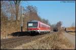 628 344-4 fhrt zur Vormittagszeit des 16.02.08 als RE 22518 von Ulm Hbf nach Ellwangen, aufgenommen bei Rainau-Buch an der oberen Jagsttalbahn (KBS 786).