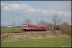628 340 ist am 01.04.08 als RE 22537 von Crailsheim nach Ulm Hbf unterwegs, aufgenommen bei Aalen-Hofen am Km 77,2 der Remsbahn (KBS 786).