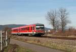 Am 27. Februar beschleunigt der Ludwigshafener 628 280 als RB 18525 von Neustadt (Weinstrae) nach Karlsruhe aus dem Haltepunkt von Edesheim in Richtung Landau.