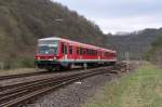 628 472 hatte gerade einen Halt in Heimbach/Nahe eingelegt und fhrt nun weiter. Die Regionalbahn wurde in Mainz auf die Reise geschickt und ihr Ziel wird Trkismhle im Saarland sein. KBS 680 - Bahnstrecke 3511 Bingen - Saarbrcken 18.04.2013