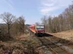 DB 628 503 +928 503 berqueren als RB47 von Solingen nach Wuppertal die Mngstener Brcke.

2013-03-27 Remscheid-Kppelstein
