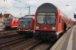 Hier links ein RE3 (RE18353) von Schwedt(Oder) nach Elsterwerda (Zuglok war 112 185), in der Mitte 628 683, dieser Triebzug kam als RE3 (RE18369) aus Prenzlau nach Angermünde und fuhr nun in die