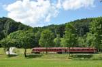 Auf der Strecke Ruhpolding-Traunstein saust die Südostbayernbahn durch die Landschaft, Baureihe 628, festgehalten am 15.06.2014