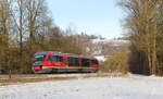 642 171 als RB Öhringen-Hessental am 14.02.2021 bei Steinbrück. Im Hintergrund ist der Hessentaler Hausberg Einkorn zu sehen. 