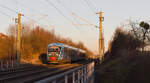 642 205  Bahnland Bayern  +xxx als RE80 Crailsheim-Heilbronn am 21.02.2021 im letzten Licht am Öhringer Limespark. 