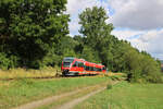 DB 643 027 verlässt Lauterecken-Grumbach zur Fahrt nach Kaiserslautern Hbf. (17.07.2023)