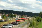 643 016  „Fritz Walter  und 643 010  Pirmasens  als RB 12971 auf dem Weg nach Kaiserslautern, hier gesehen bei der Einfahrt in den HP Lampertsmhle-Otterbach. Das Bild wurde vom ehemaligen Stellwerk aufgenommen, das an diesem Tag frei begehbar war.
Die Zge auf der Strecke fahren normalerweise in Einzeltraktion, an diesem 1. August jedoch in Doppeltraktion, da es im Lautertal hie:  Autofreies Lautertal  und daher die Zge fr eine vermehrte Radmitfhrung verstrkt wurden.

Lampertsmhle-Otterbach, der 4.8.13