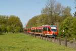 Das Wetter war schön an diesem Morgen aber sehr Windig. Die RB 20189 mit den Talent 643 055 erreicht in kürze den Bahnhof Metelen Land und fährt dann weiter nach Münster. 19.04.14